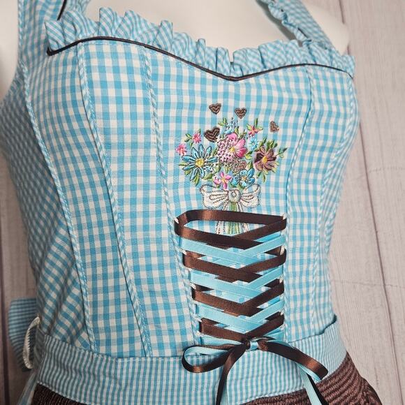 Country Line Dirndl & Matching Apron- Blue & White Gingham w Bling, sz 34 (US 4) - Picture 2 of 9